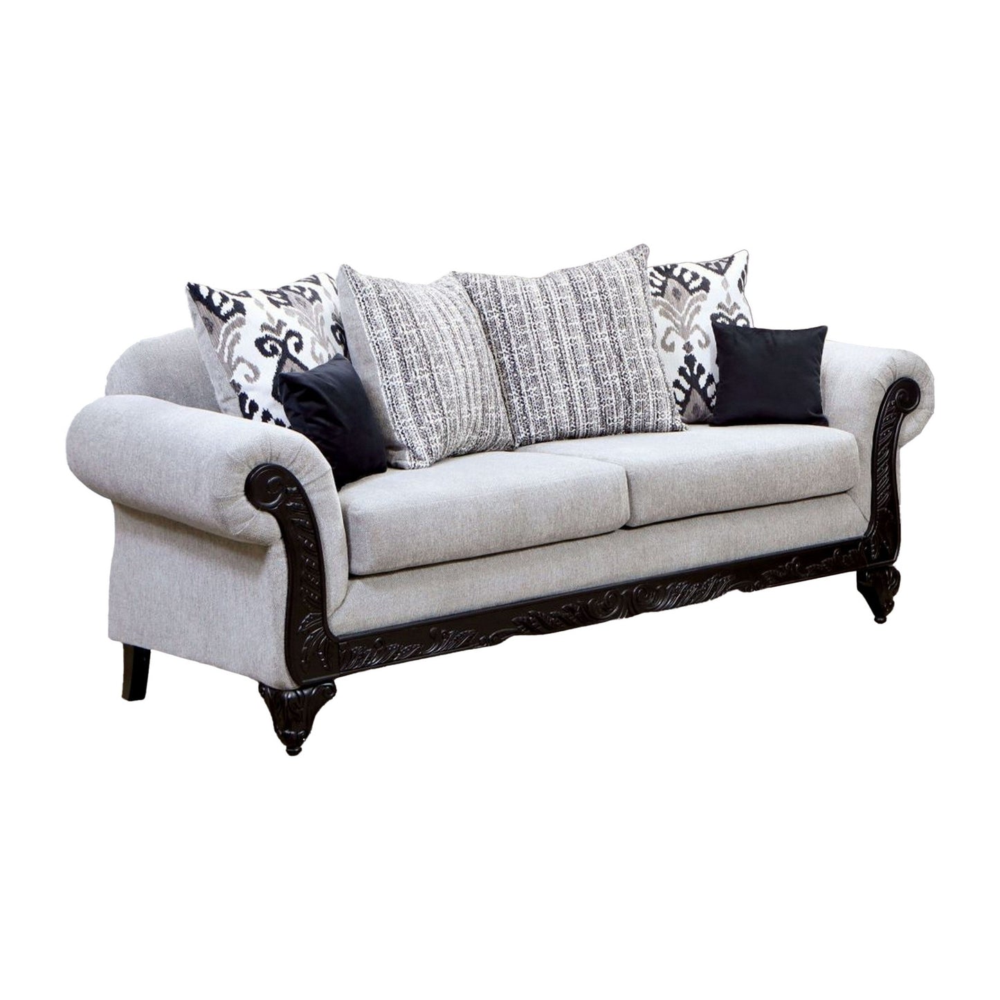 Canapé Mezia, chenille grise, 6 coussins, bois massif noir, 240 cm