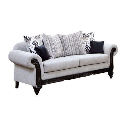 Canapé Mezia, chenille grise, 6 coussins, bois massif noir, 240 cm