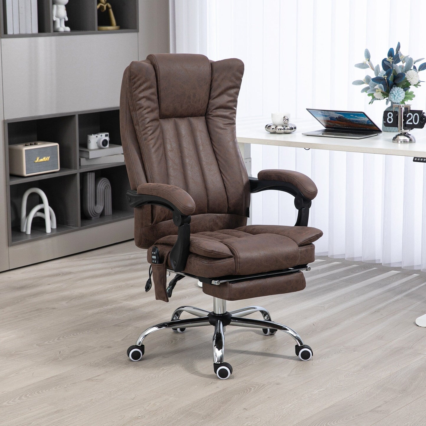 Fauteuil de bureau massant en microfibre avec chauffage, inclinaison réglable, repose-pieds rétractable et dossier haut