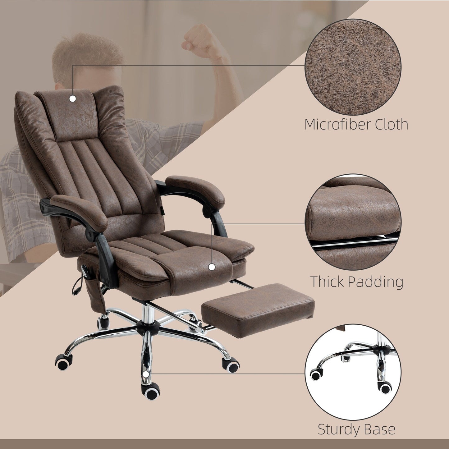 Fauteuil de bureau massant en microfibre avec chauffage, inclinaison réglable, repose-pieds rétractable et dossier haut