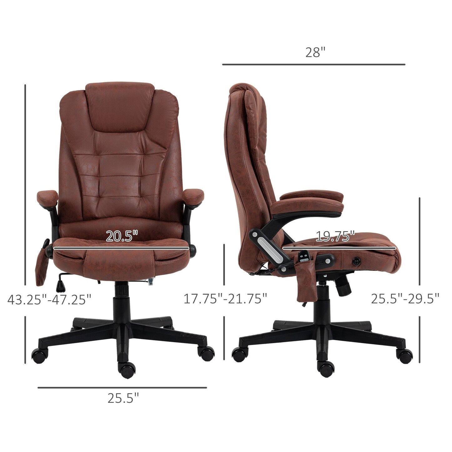 Fauteuil de bureau massant en microfibre avec chauffage, vibration à 6 points, dossier inclinable réglable, accoudoirs rembourrés, télécommande