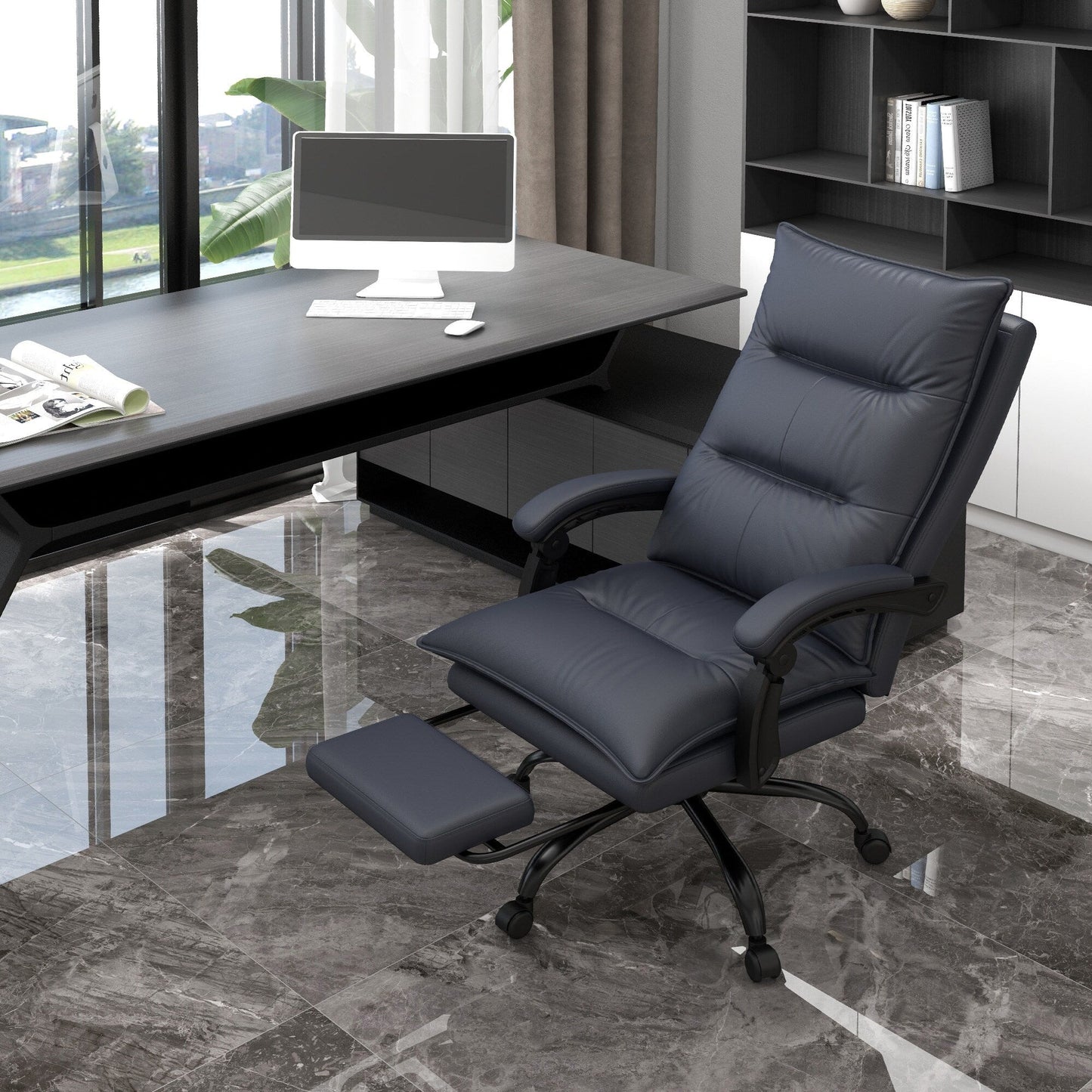 Fauteuil de bureau en microfibre, inclinable et massant à 6 points, réglable, avec chauffage lombaire et repose-pieds extensible