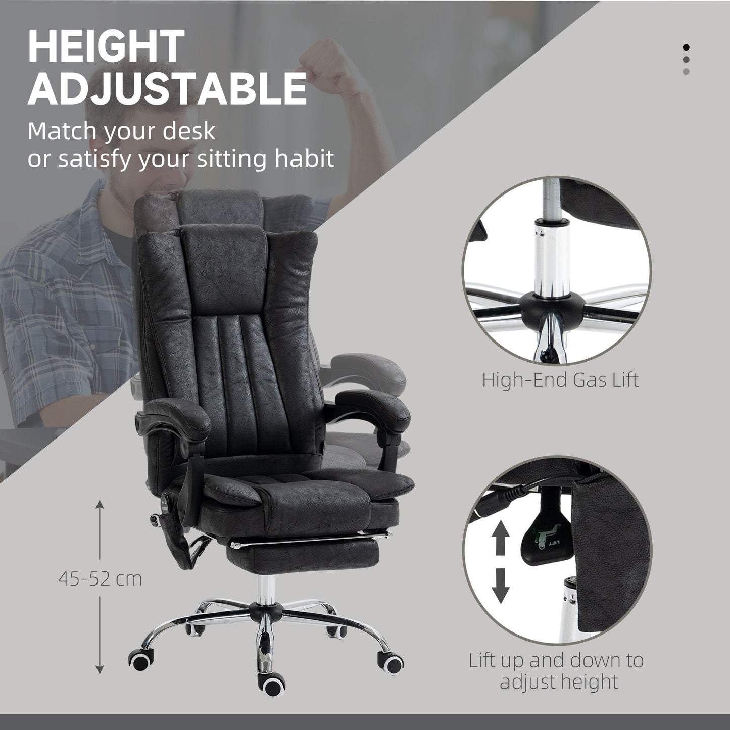 Fauteuil de bureau inclinable pivotant à 360° en microfibre avec massage par vibration, chauffage, repose-pieds et hauteur réglable
