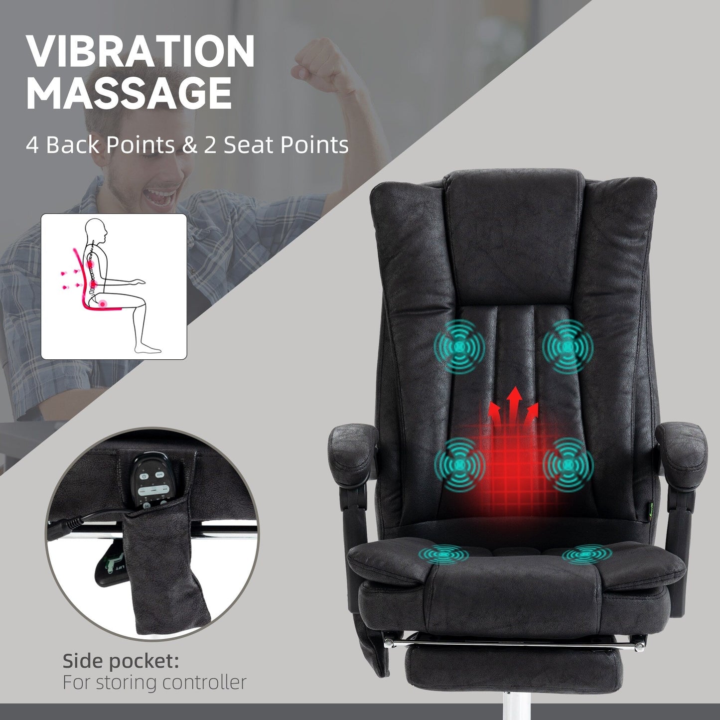 Fauteuil de bureau inclinable pivotant à 360° en microfibre avec massage par vibration, chauffage, repose-pieds et hauteur réglable