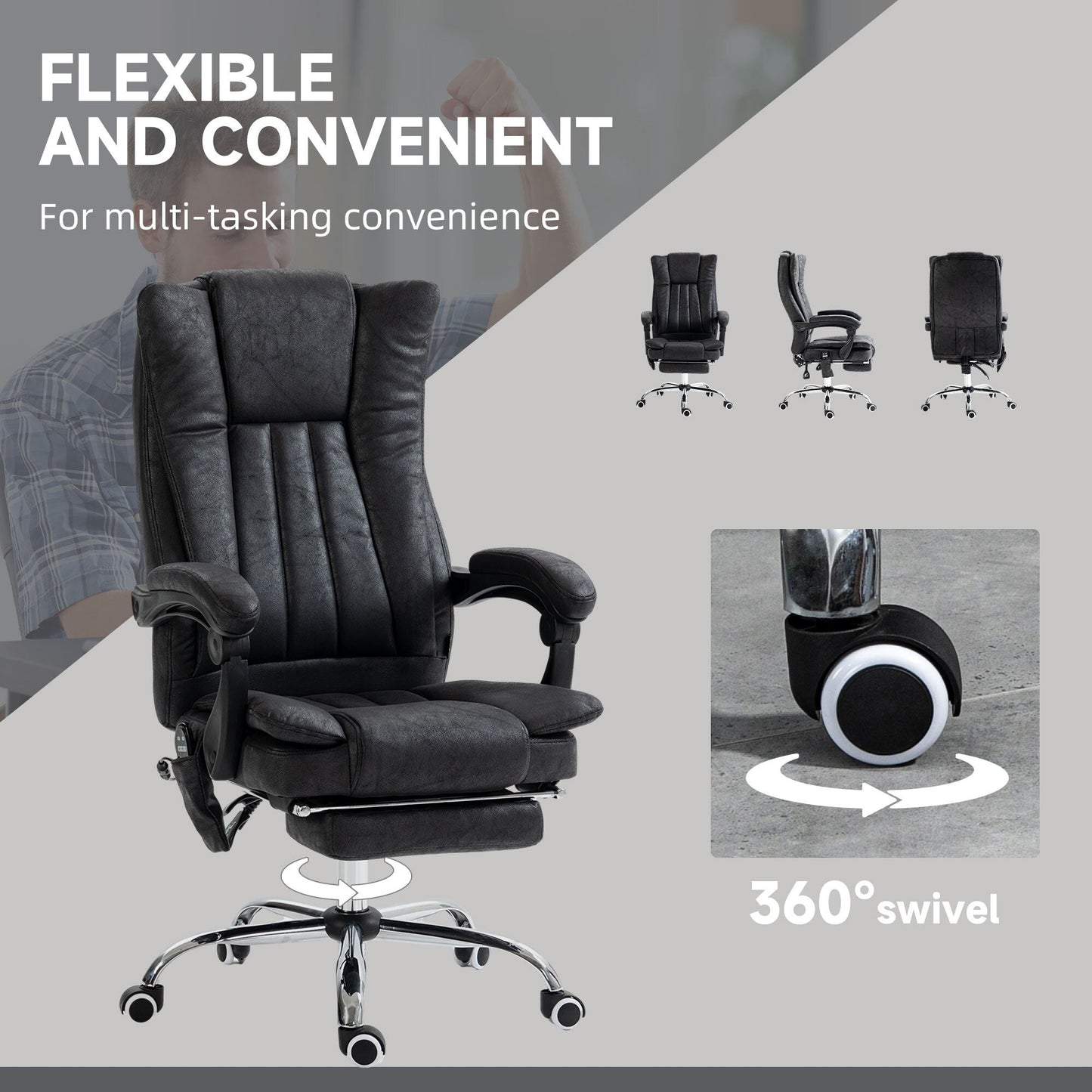 Fauteuil de bureau inclinable pivotant à 360° en microfibre avec massage par vibration, chauffage, repose-pieds et hauteur réglable