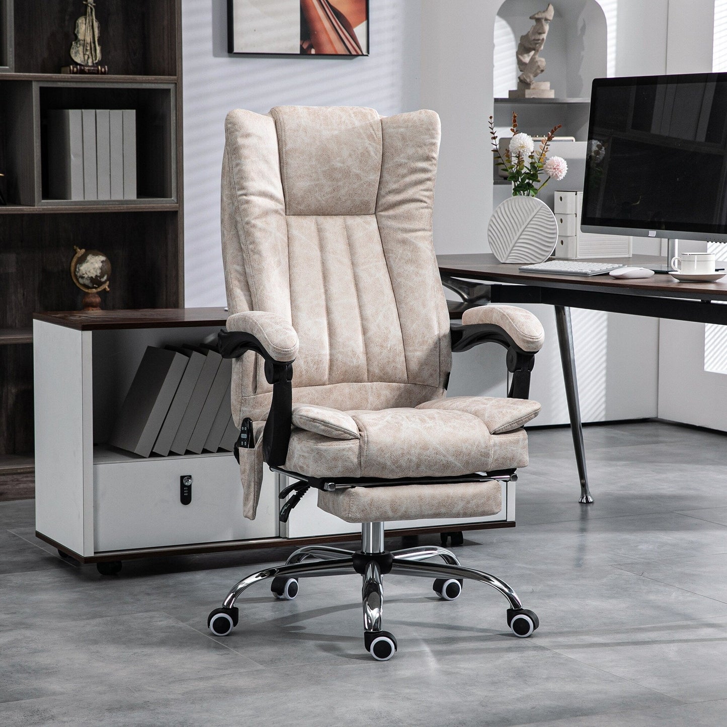 Fauteuil de bureau inclinable pivotant à 360° en microfibre avec massage par vibration, chauffage, repose-pieds et hauteur réglable