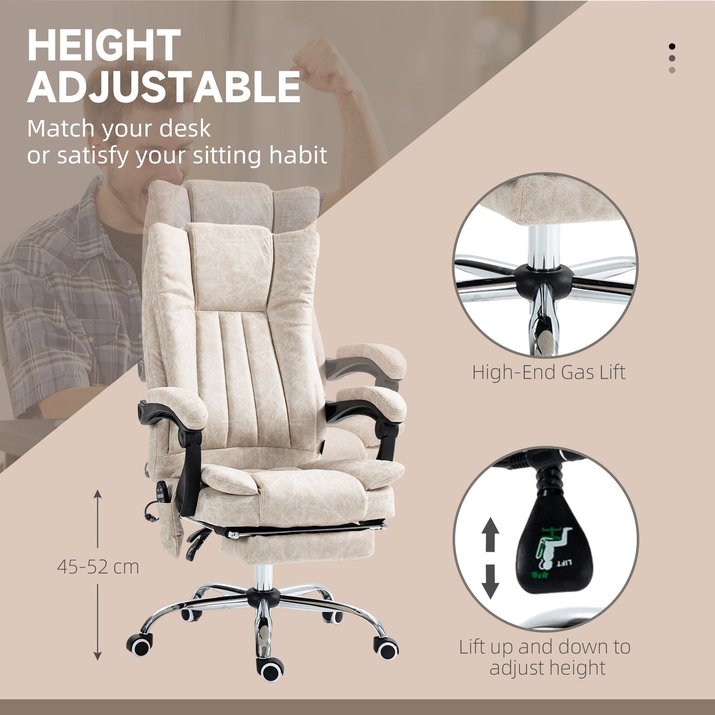 Fauteuil de bureau inclinable pivotant à 360° en microfibre avec massage par vibration, chauffage, repose-pieds et hauteur réglable