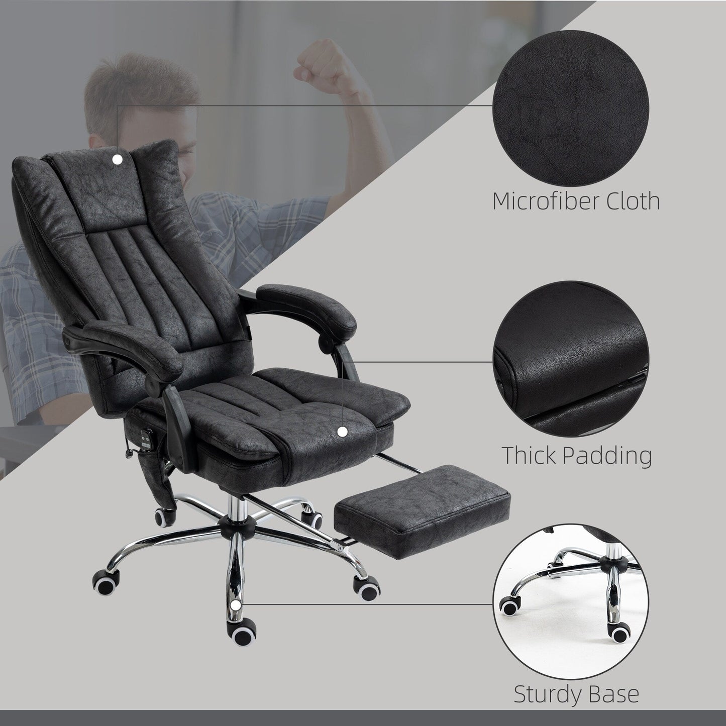 Fauteuil de bureau inclinable pivotant à 360° en microfibre avec massage par vibration, chauffage, repose-pieds et hauteur réglable