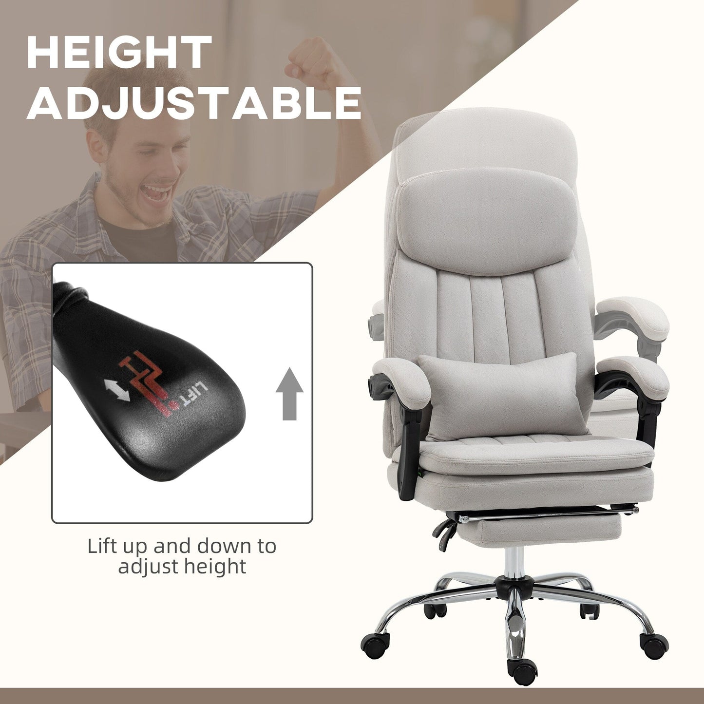 Fauteuil de bureau inclinable pivotant à 360° en microfibre avec massage par vibrations, chauffage lombaire, coussin lombaire, repose-pieds, hauteur réglable