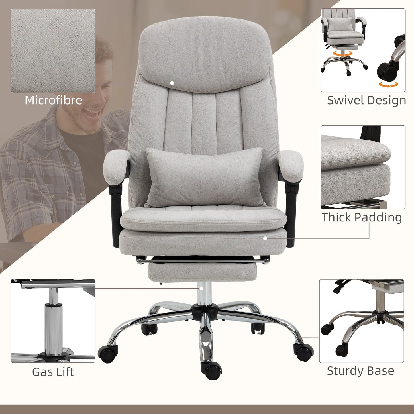Fauteuil de bureau inclinable pivotant à 360° en microfibre avec massage par vibrations, chauffage lombaire, coussin lombaire, repose-pieds, hauteur réglable