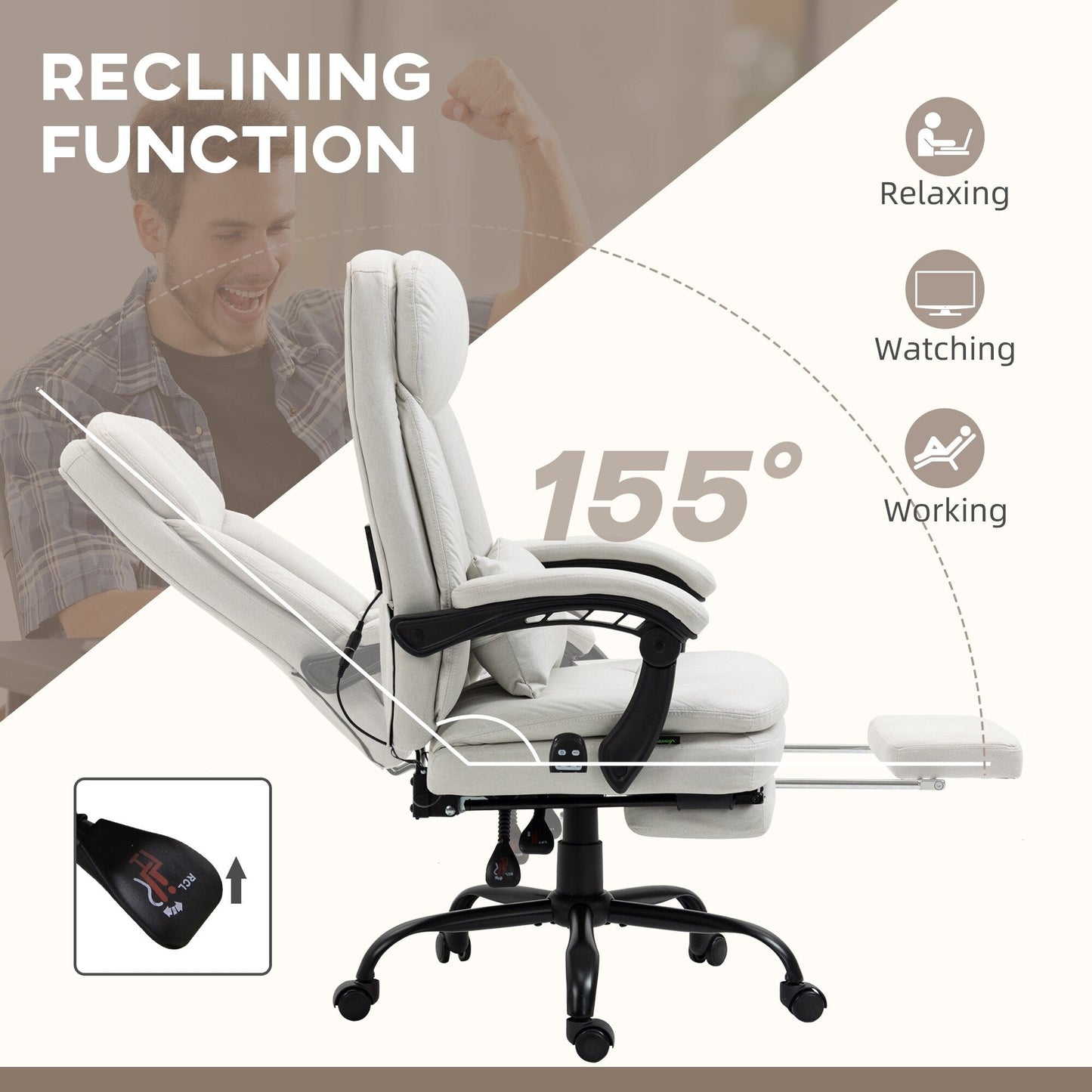 Fauteuil de bureau inclinable pivotant à 360° en microfibre avec massage par vibrations, chauffage lombaire, coussin lombaire, repose-pieds, hauteur réglable