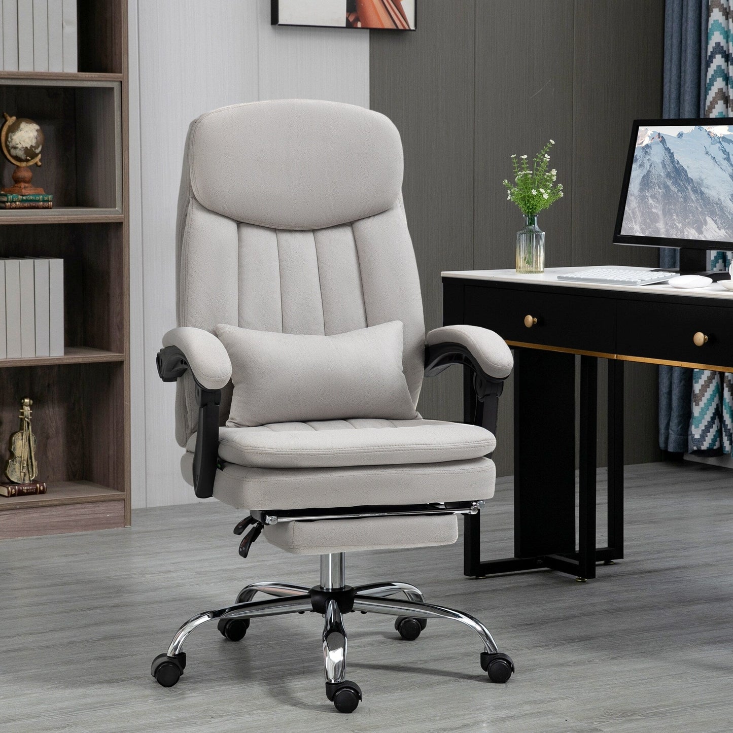 Fauteuil de bureau inclinable pivotant à 360° en microfibre avec massage par vibrations, chauffage lombaire, coussin lombaire, repose-pieds, hauteur réglable