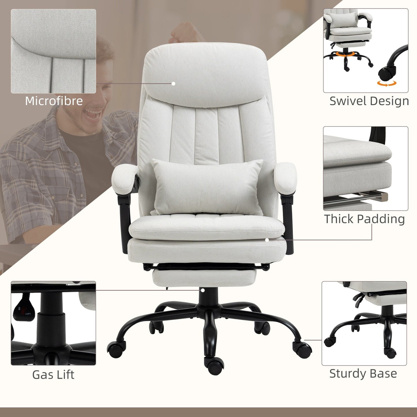 Fauteuil de bureau inclinable pivotant à 360° en microfibre avec massage par vibrations, chauffage lombaire, coussin lombaire, repose-pieds, hauteur réglable