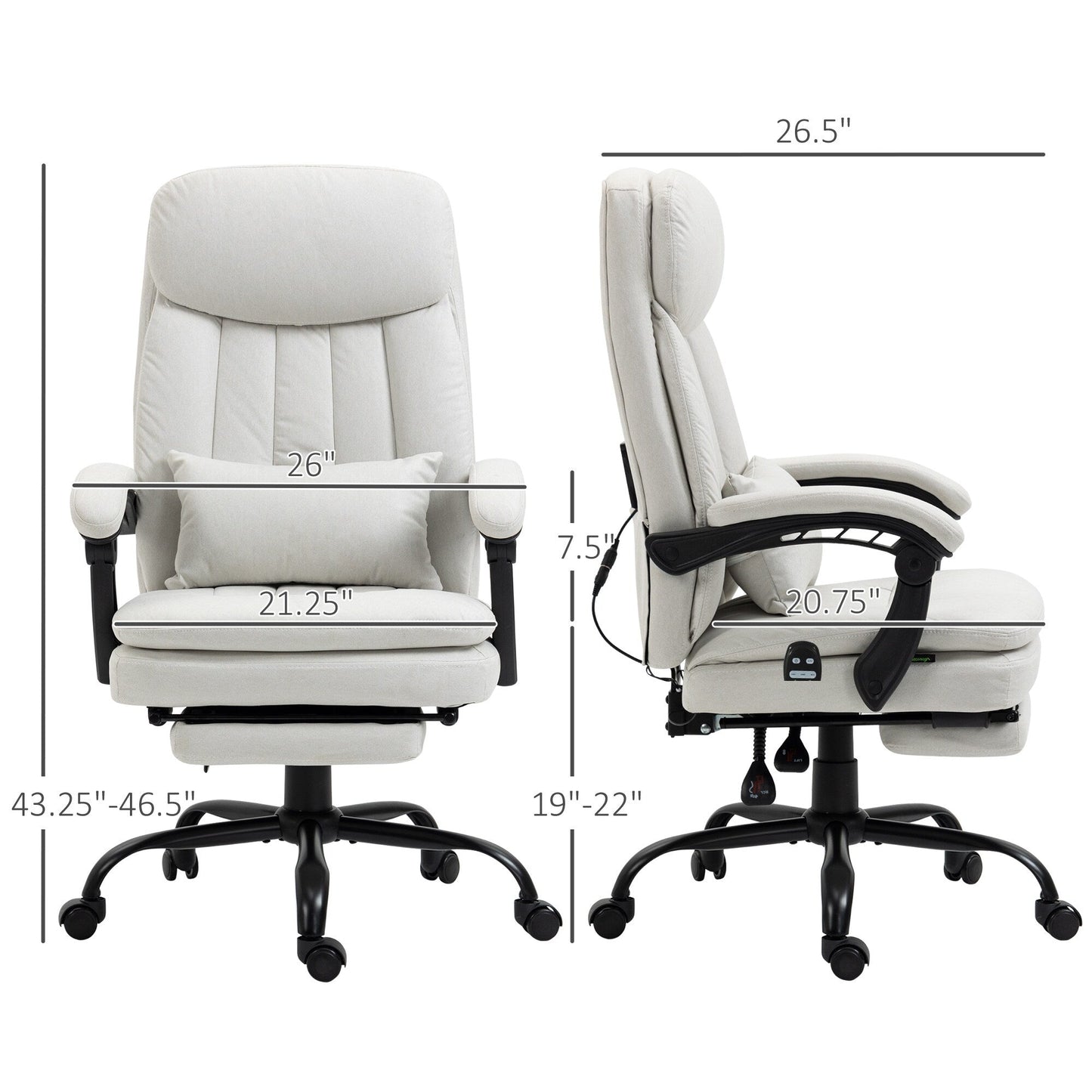 Fauteuil de bureau inclinable pivotant à 360° en microfibre avec massage par vibrations, chauffage lombaire, coussin lombaire, repose-pieds, hauteur réglable
