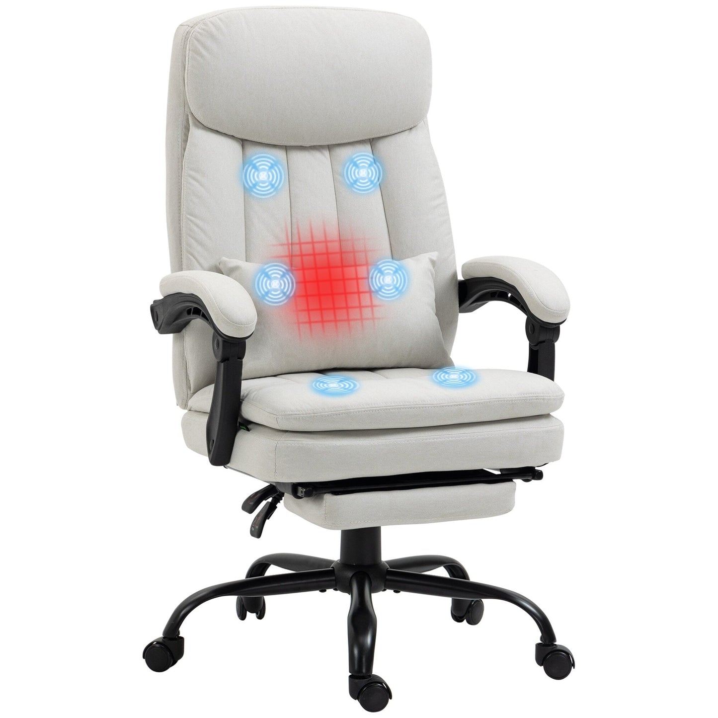 Fauteuil de bureau inclinable pivotant à 360° en microfibre avec massage par vibrations, chauffage lombaire, coussin lombaire, repose-pieds, hauteur réglable