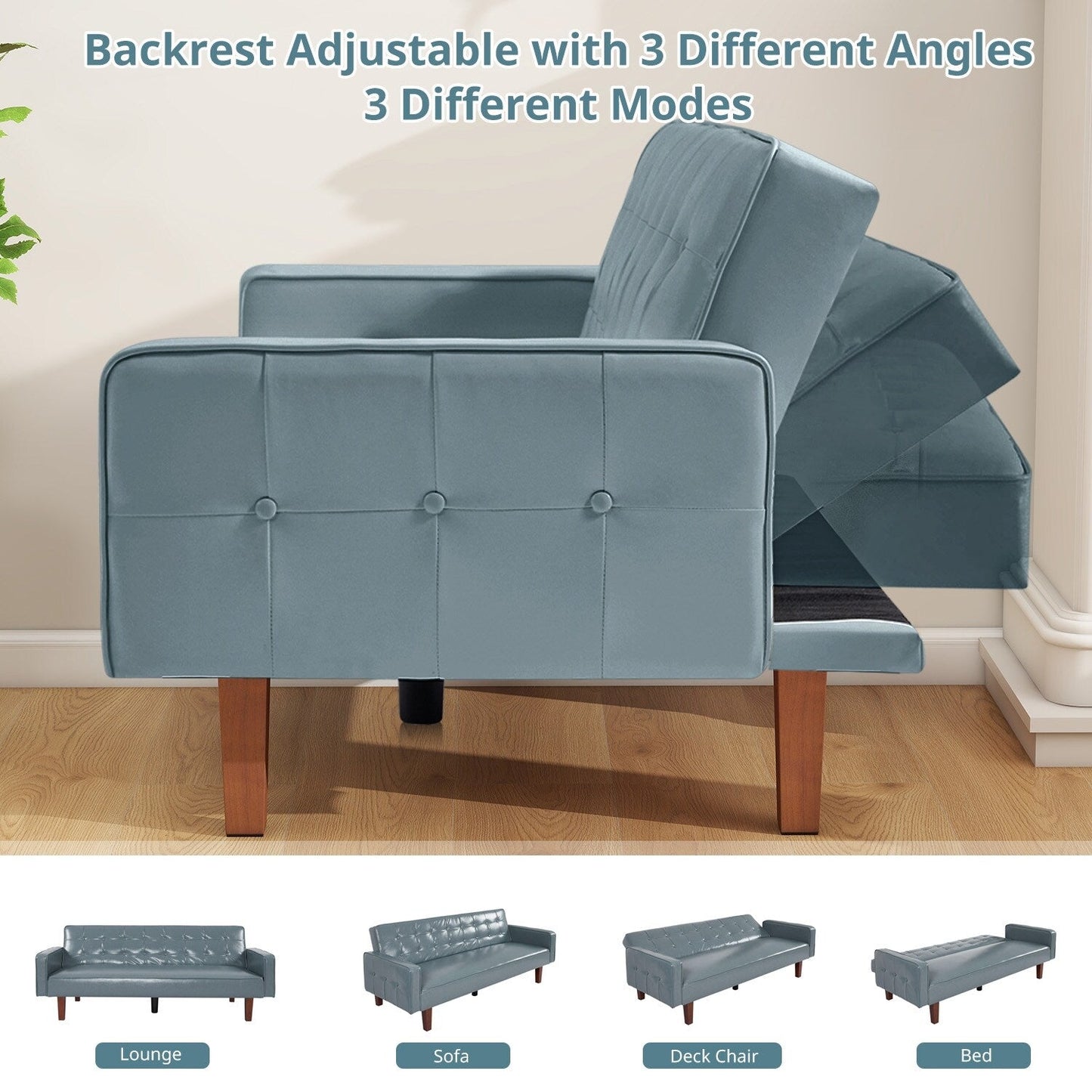 Canapé-lit futon 3 places en similicuir style milieu de siècle, capitonné, 74 pouces, pour salon et chambre à coucher