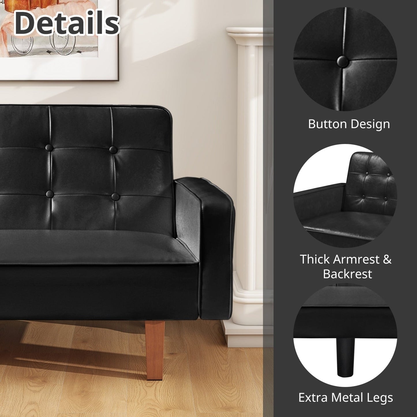 Canapé-lit futon 3 places en similicuir style milieu de siècle, capitonné, 74 pouces, pour salon et chambre à coucher