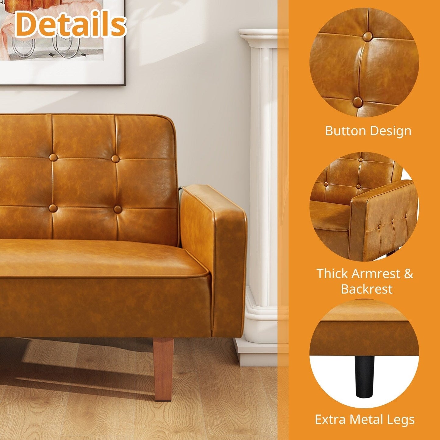 Canapé-lit futon 3 places en similicuir style milieu de siècle, capitonné, 74 pouces, pour salon et chambre à coucher