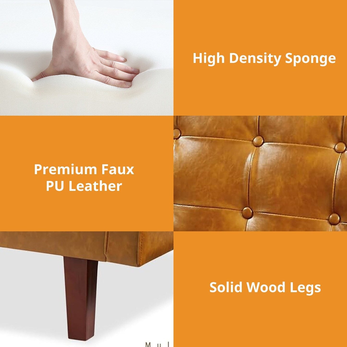 Canapé-lit futon 3 places en similicuir style milieu de siècle, capitonné, 74 pouces, pour salon et chambre à coucher