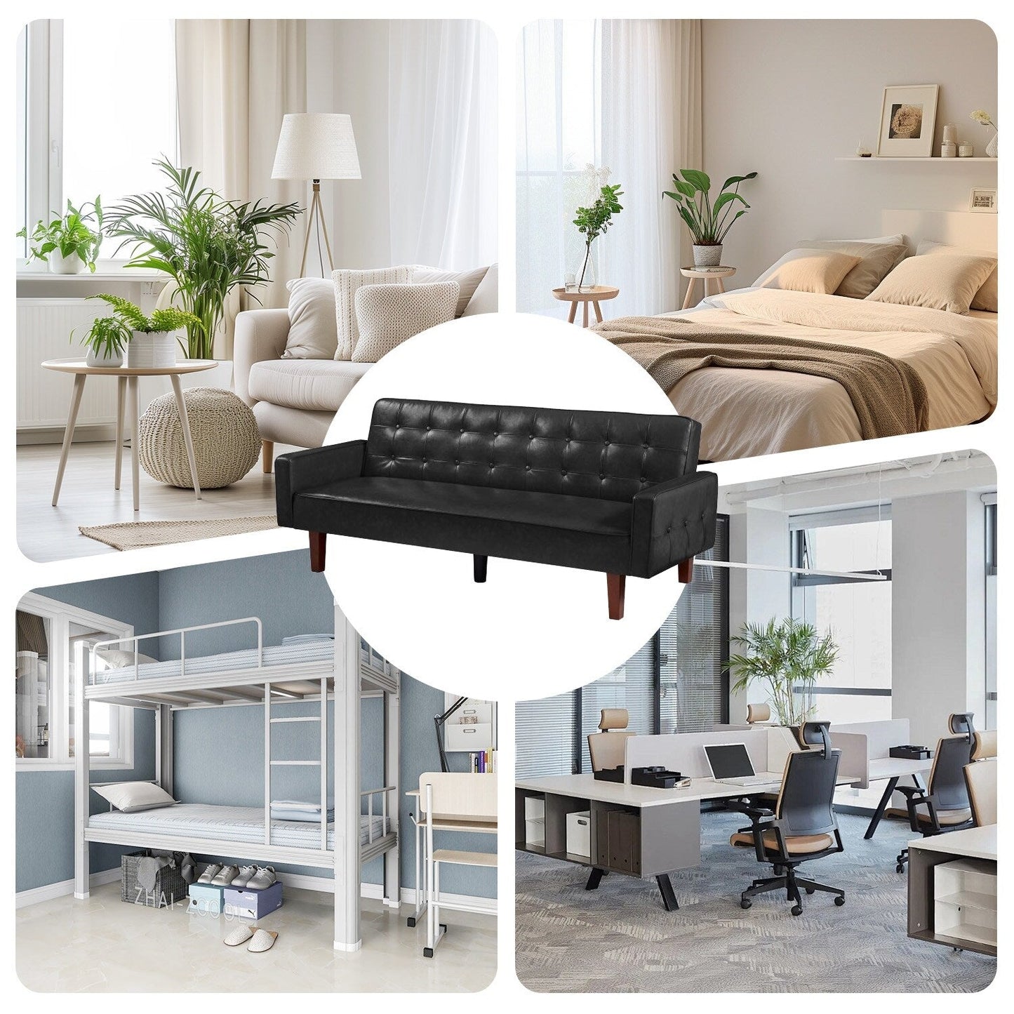 Canapé-lit futon 3 places en similicuir style milieu de siècle, capitonné, 74 pouces, pour salon et chambre à coucher