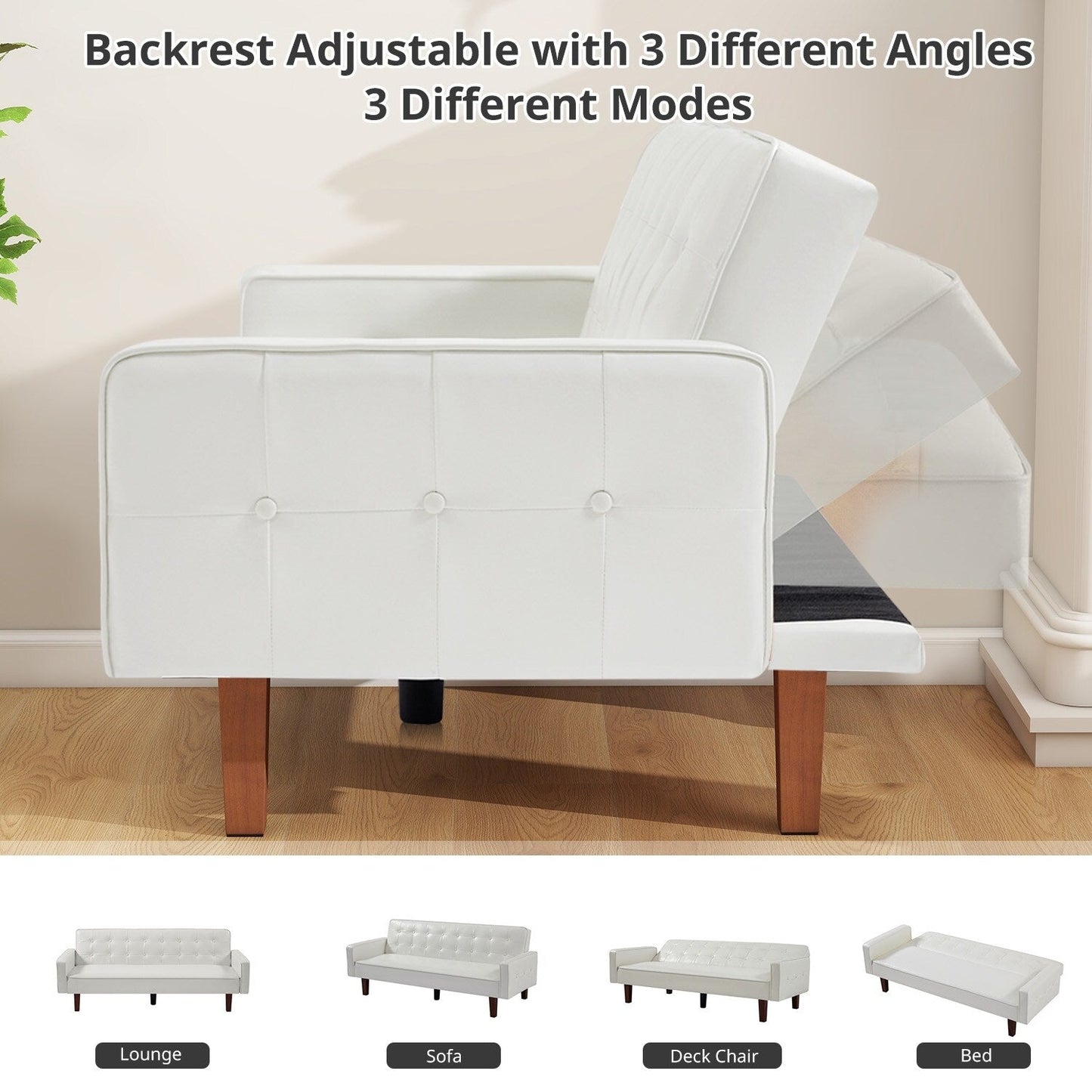 Canapé-lit futon 3 places en similicuir style milieu de siècle, capitonné, 74 pouces, pour salon et chambre à coucher