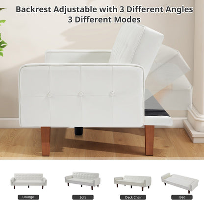 Canapé-lit futon 3 places en similicuir style milieu de siècle, capitonné, 74 pouces, pour salon et chambre à coucher