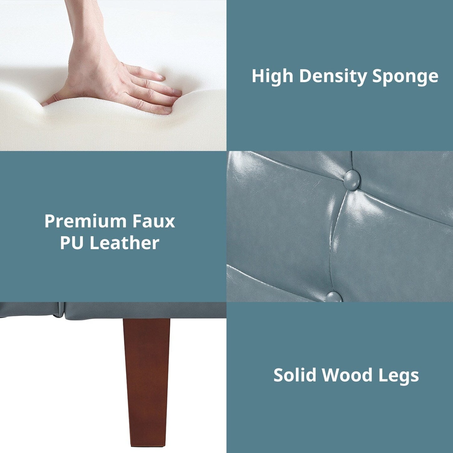 Canapé-lit futon 3 places en similicuir style milieu de siècle, capitonné, 74 pouces, pour salon et chambre à coucher