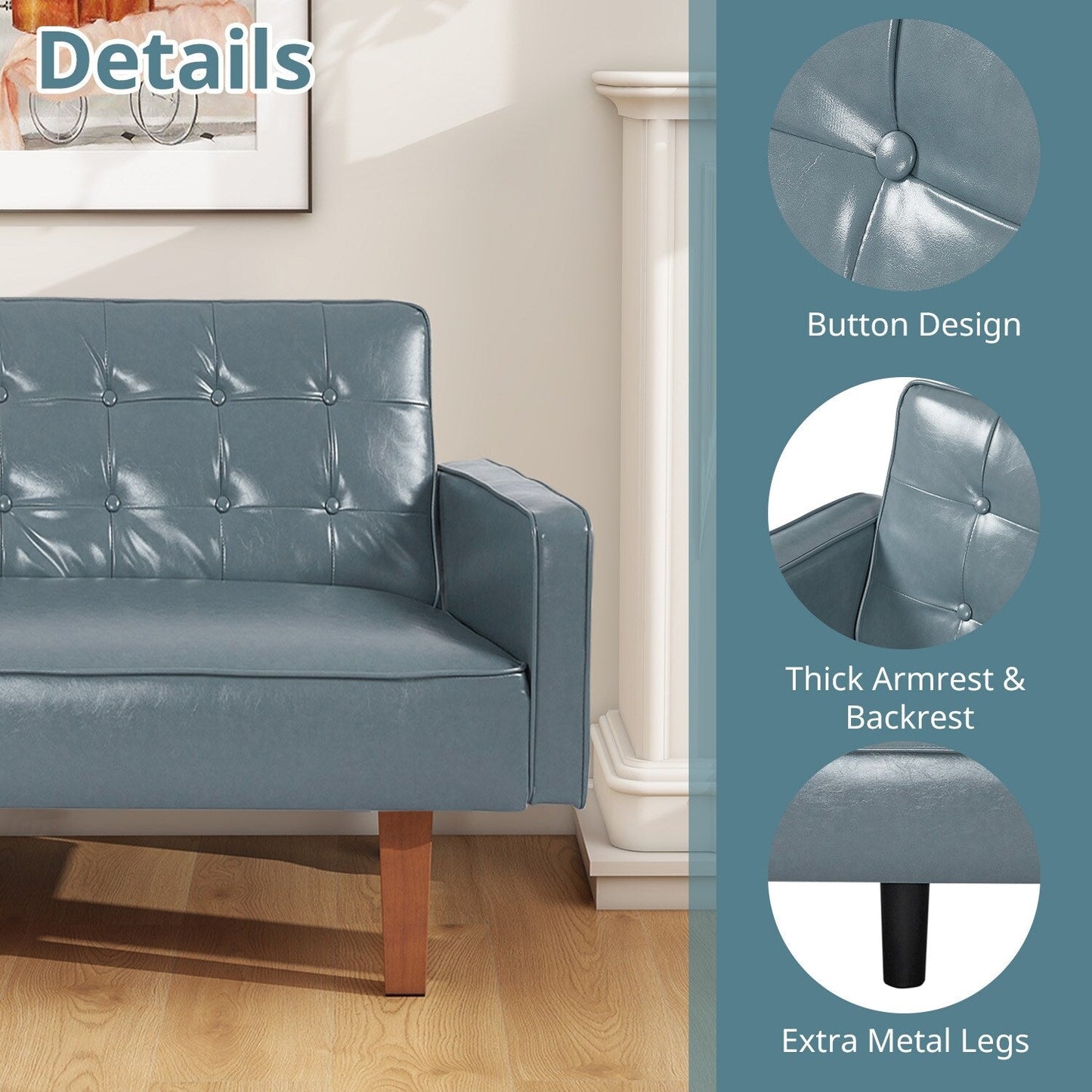 Canapé-lit futon 3 places en similicuir style milieu de siècle, capitonné, 74 pouces, pour salon et chambre à coucher