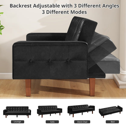 Canapé-lit futon 3 places en similicuir style milieu de siècle, capitonné, 74 pouces, pour salon et chambre à coucher