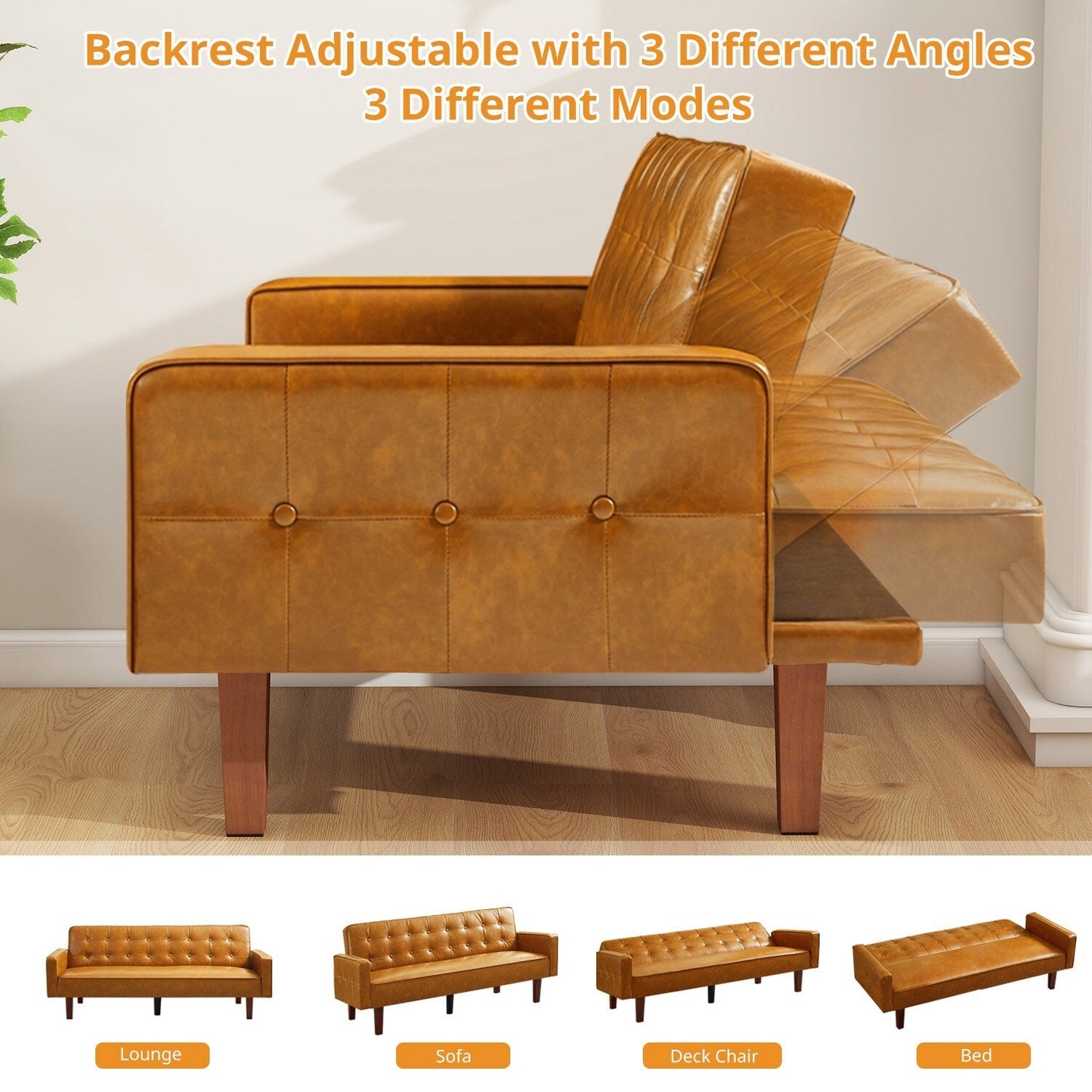 Canapé-lit futon 3 places en similicuir style milieu de siècle, capitonné, 74 pouces, pour salon et chambre à coucher