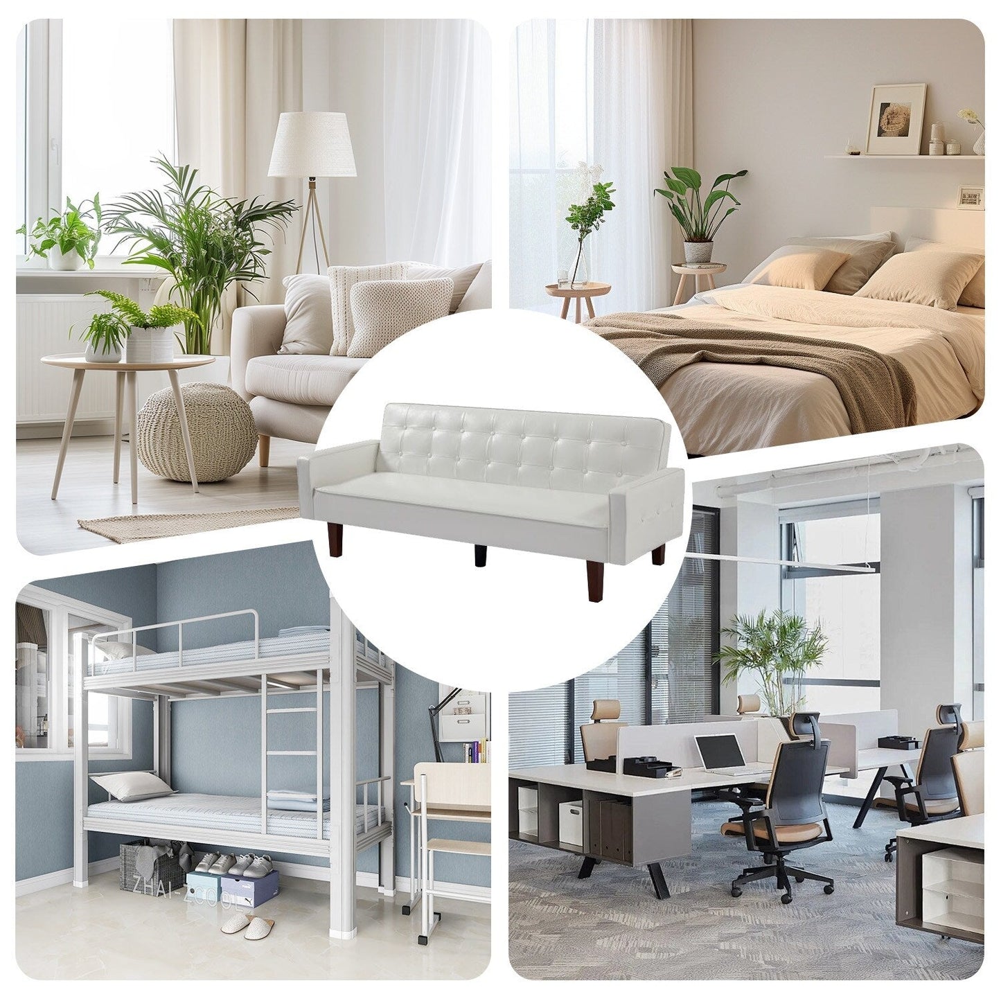 Canapé-lit futon 3 places en similicuir style milieu de siècle, capitonné, 74 pouces, pour salon et chambre à coucher