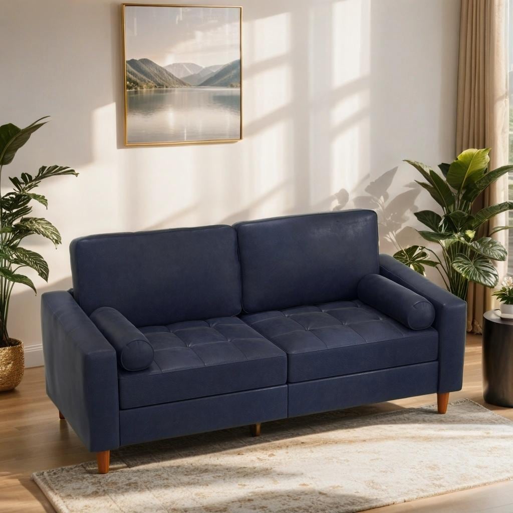 Canapé en cuir du milieu du siècle avec coussins de confort cousus à la main et coussins traversins