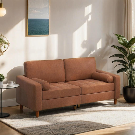 Canapé en cuir du milieu du siècle avec coussins de confort cousus à la main et coussins traversins