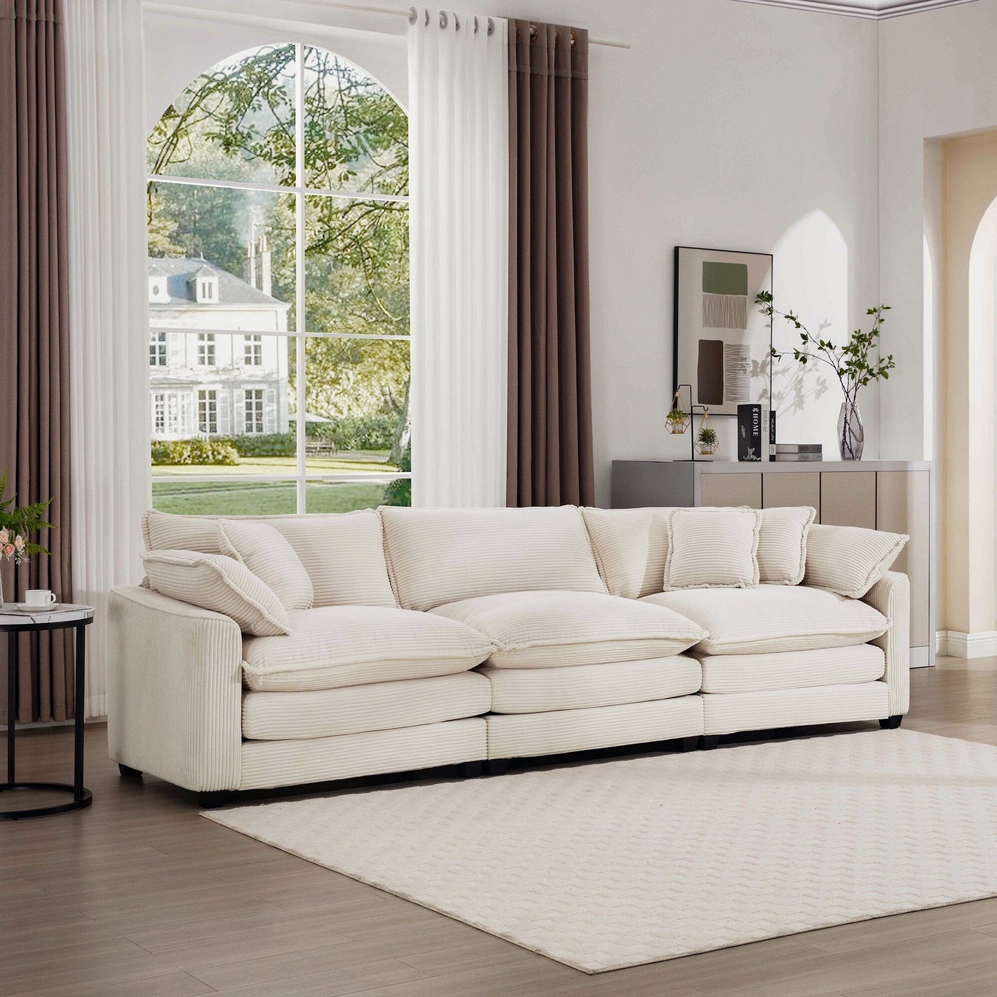 Canapé modulaire 3 places en velours côtelé moderne du milieu du siècle avec 2 coussins d'accoudoir et 3 coussins décoratifs pour le salon