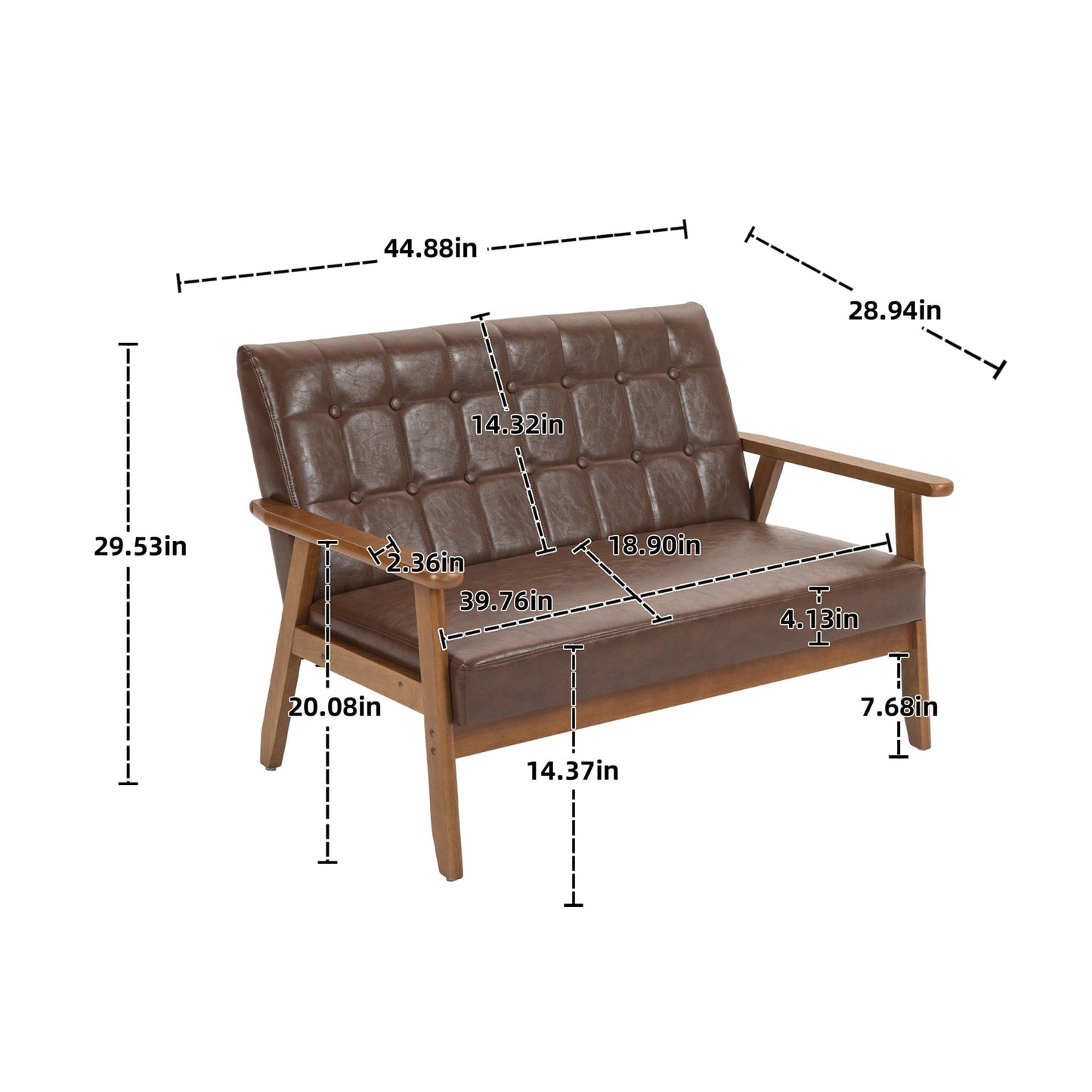 Canapé causeuse solide moderne du milieu du siècle, canapé causeuse rembourré, canapé causeuse rembourré 2 places