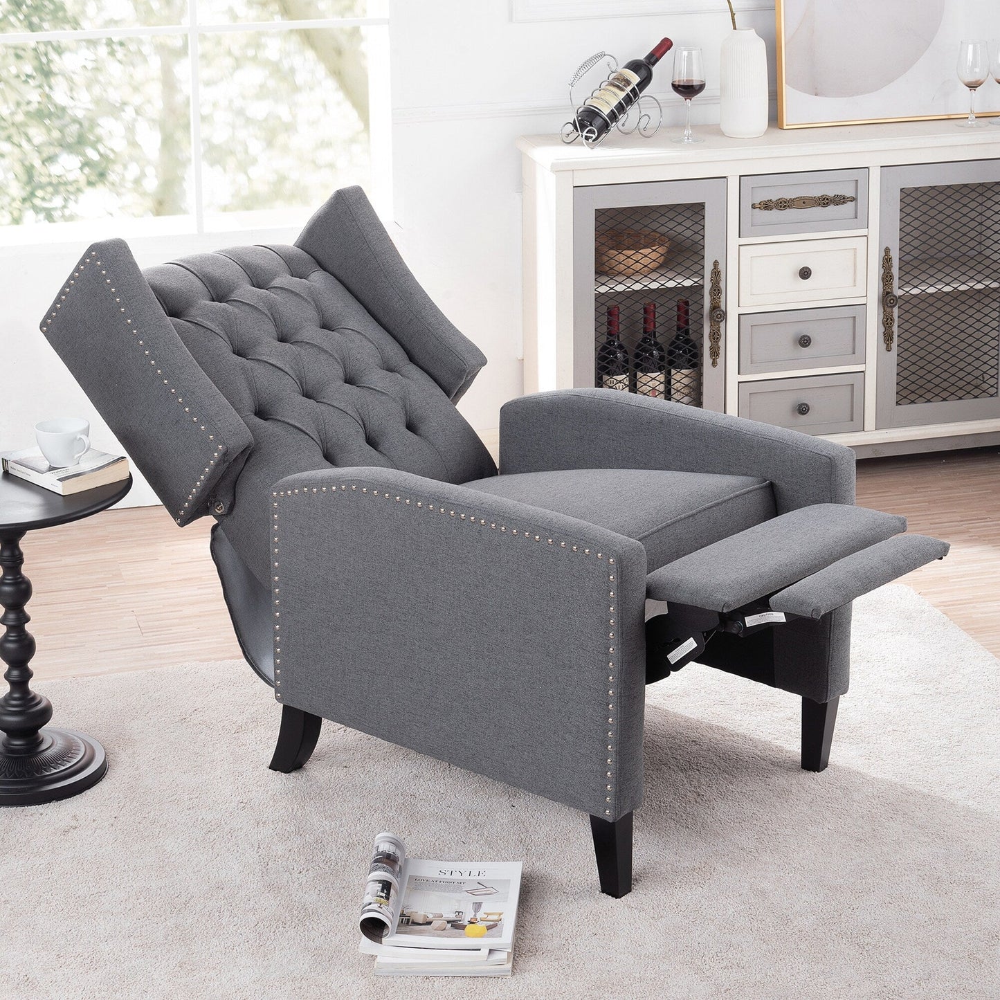 Canapé à oreilles en tissu capitonné moderne du milieu du siècle, fauteuil inclinable manuel à dossier haut avec bordure argentée et 3 vitesses