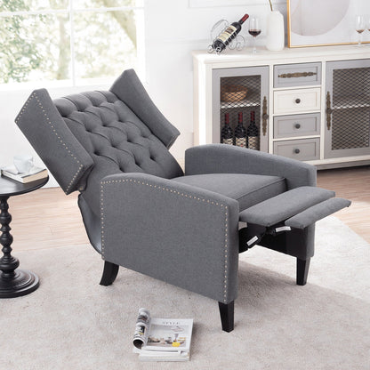 Canapé à oreilles en tissu capitonné moderne du milieu du siècle, fauteuil inclinable manuel à dossier haut avec bordure argentée et 3 vitesses