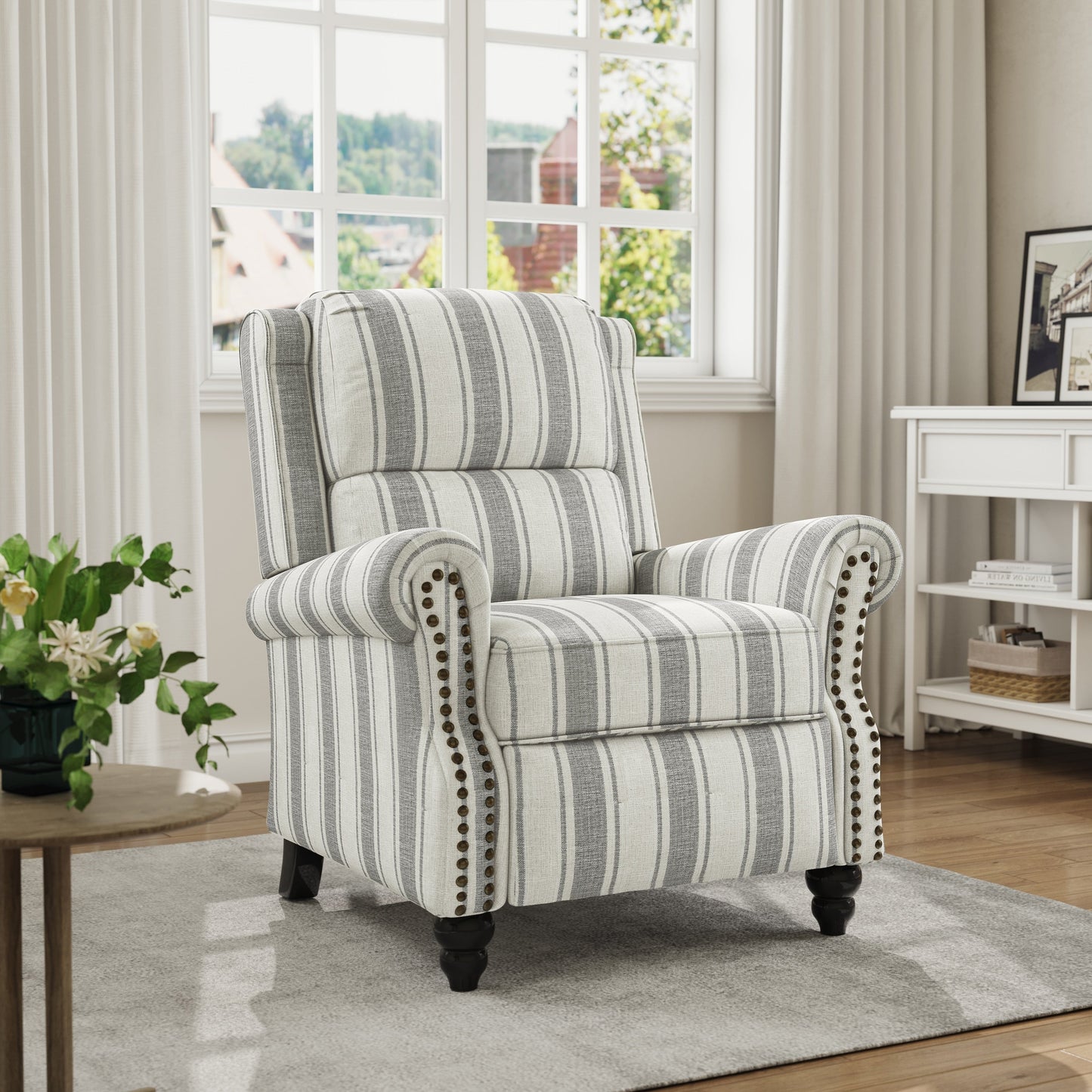 Fauteuil inclinable en cuir synthétique et lin à tête de clou du milieu du siècle