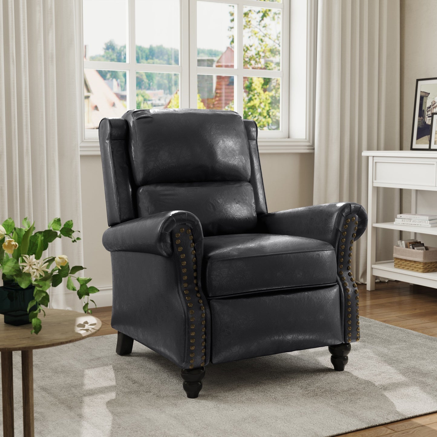 Fauteuil inclinable en cuir synthétique et lin à tête de clou du milieu du siècle