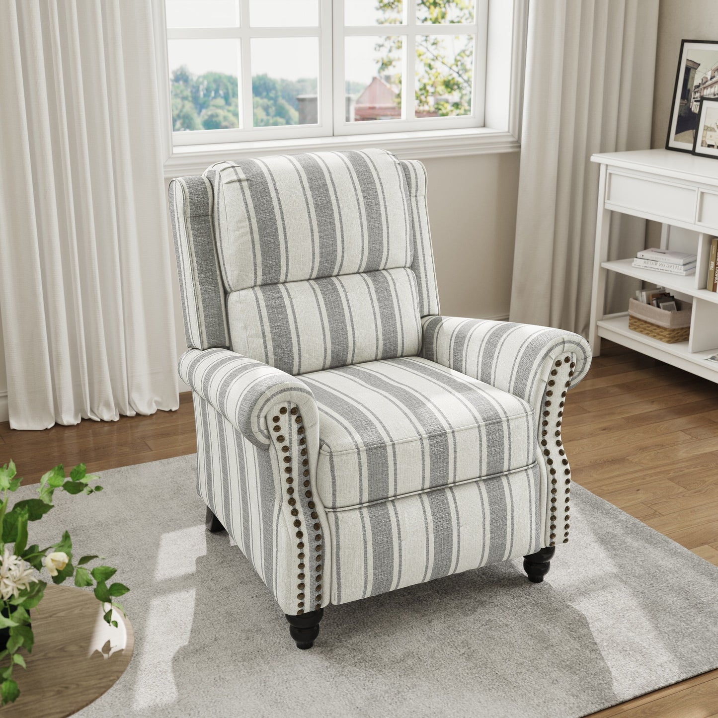 Fauteuil inclinable en cuir synthétique et lin à tête de clou du milieu du siècle