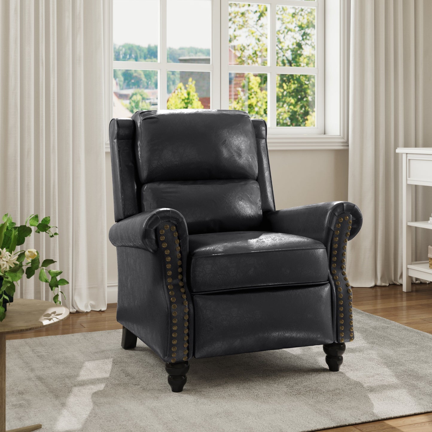 Fauteuil inclinable en cuir synthétique et lin à tête de clou du milieu du siècle