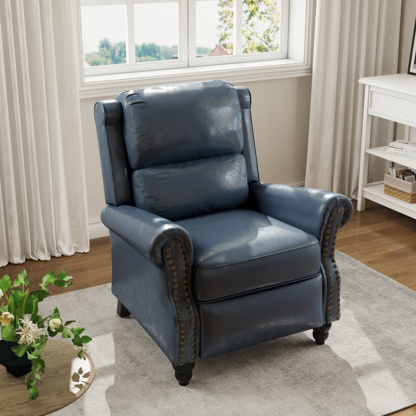 Fauteuil inclinable en cuir synthétique et lin à tête de clou du milieu du siècle