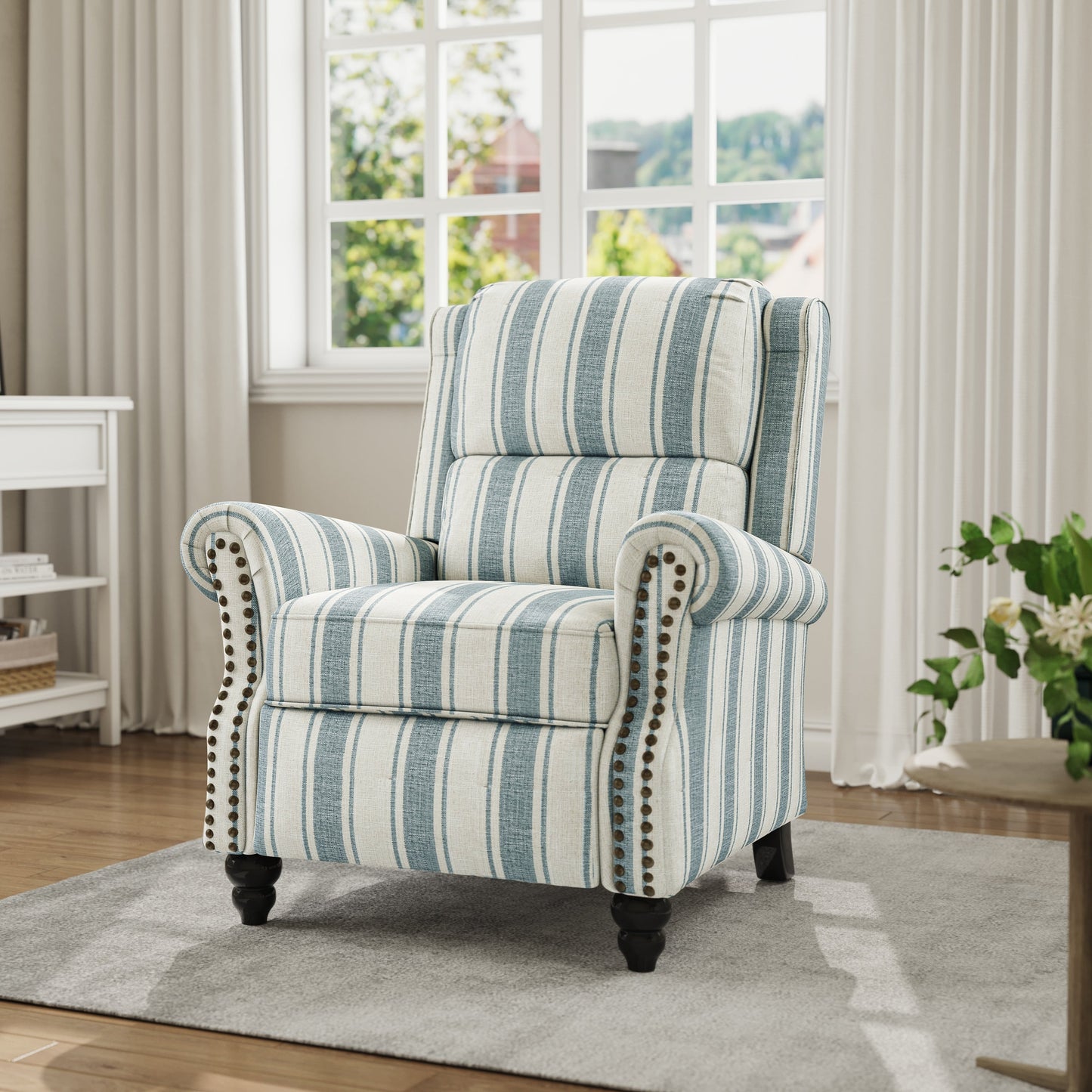 Fauteuil inclinable en cuir synthétique et lin à tête de clou du milieu du siècle