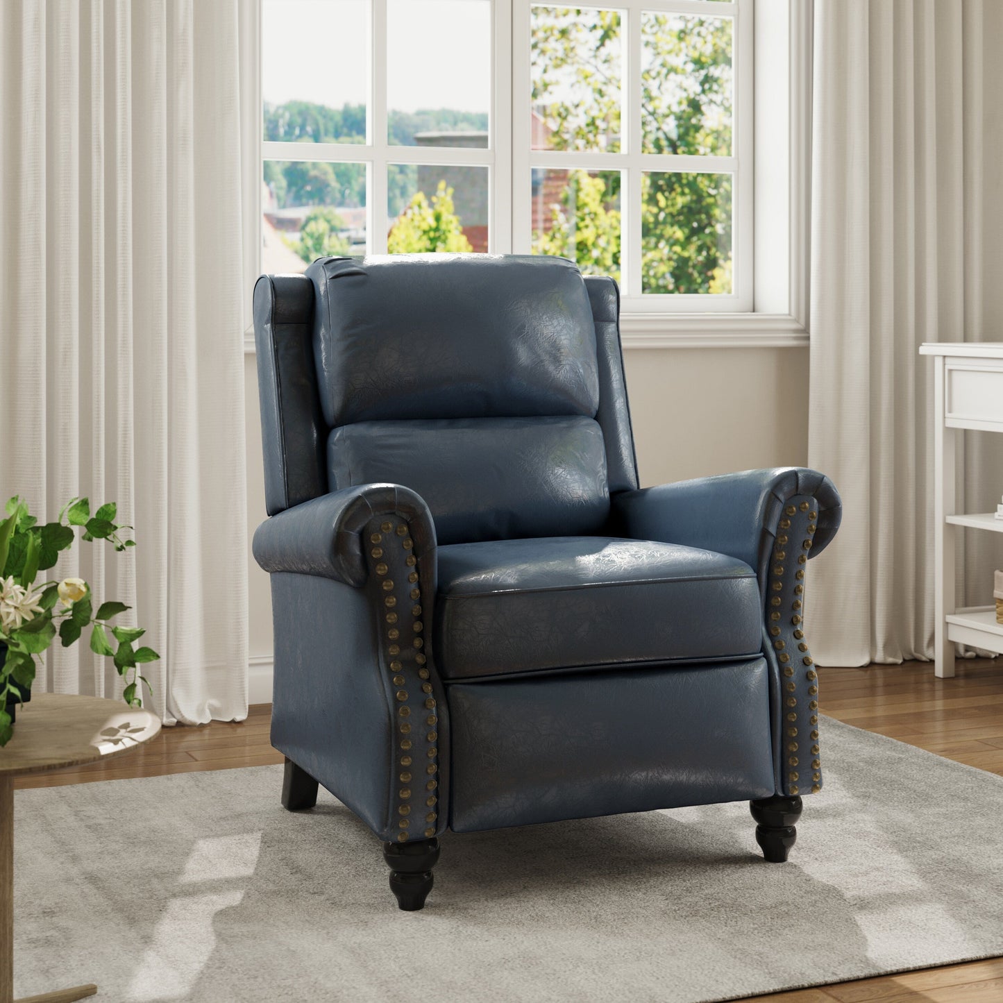 Fauteuil inclinable en cuir synthétique et lin à tête de clou du milieu du siècle