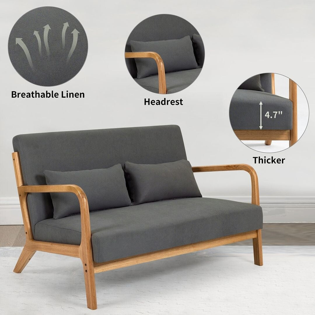 Canapé d'appoint rembourré du milieu du siècle en bois massif pour 2 personnes