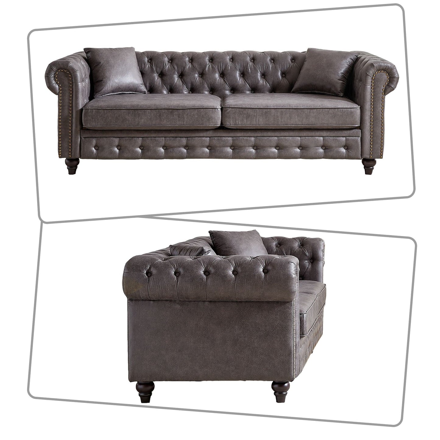 Canapé capitonné standard de style vintage du milieu du siècle avec garniture cloutée et pieds en bois pour les centres commerciaux de salon