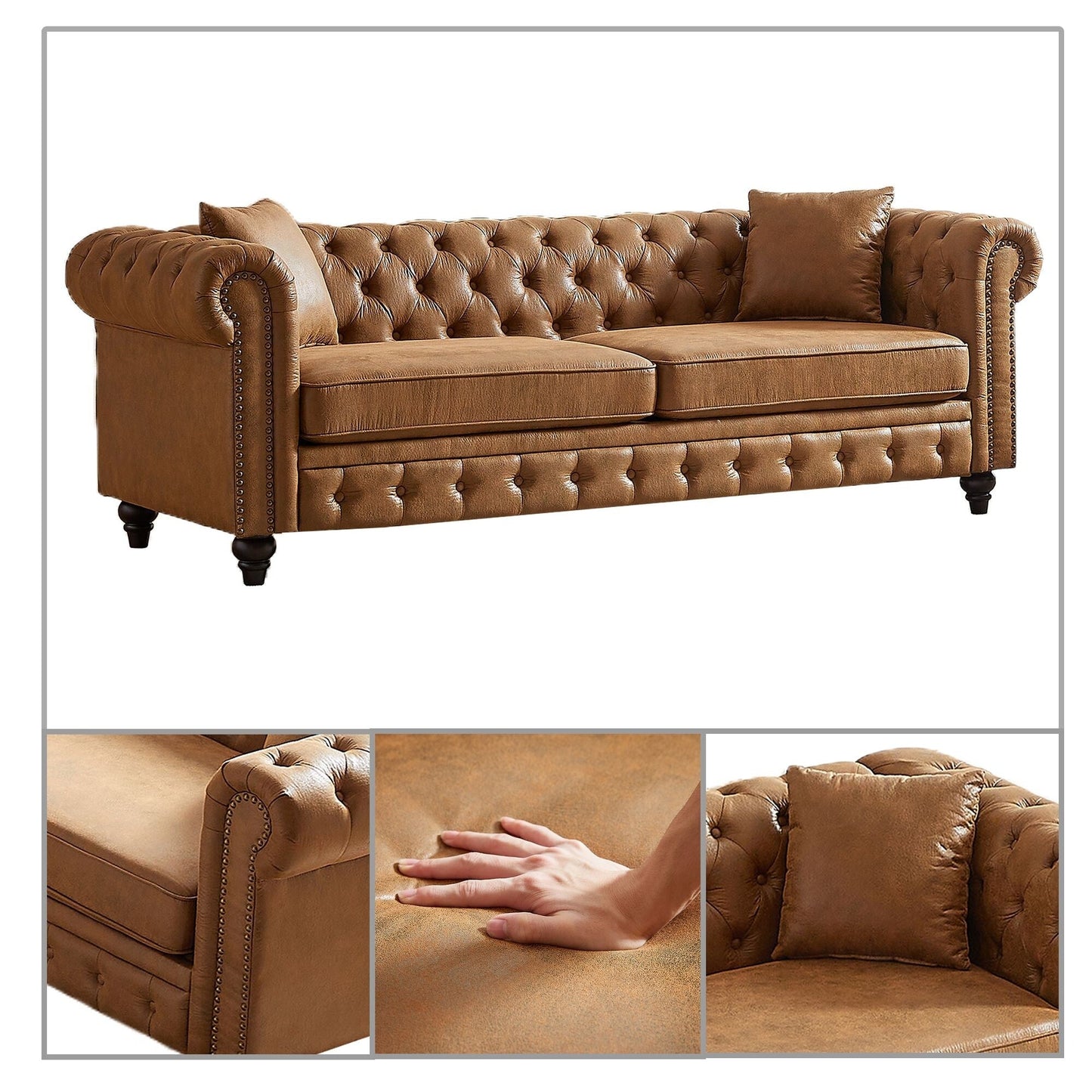 Canapé capitonné standard de style vintage du milieu du siècle avec garniture cloutée et pieds en bois pour les centres commerciaux de salon