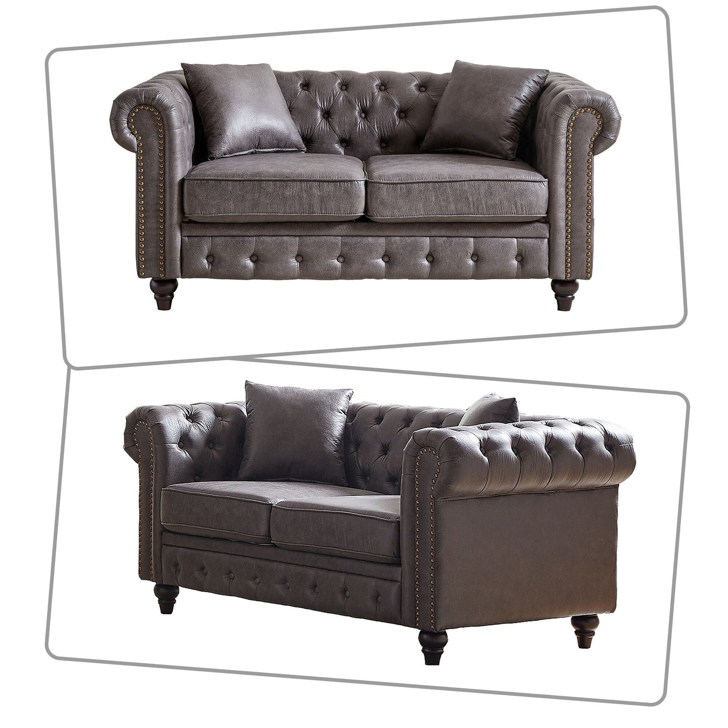 Canapé capitonné standard de style vintage du milieu du siècle avec garniture cloutée et pieds en bois pour les centres commerciaux de salon