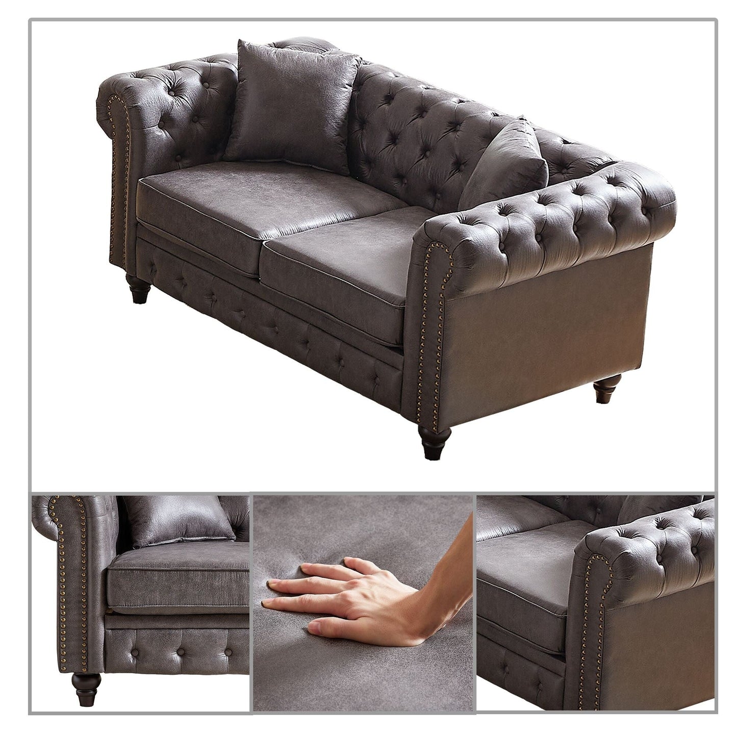 Canapé capitonné standard de style vintage du milieu du siècle avec garniture cloutée et pieds en bois pour les centres commerciaux de salon