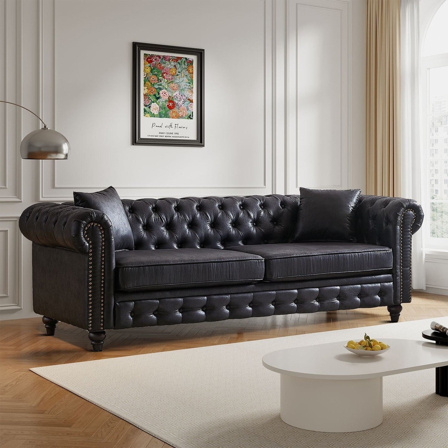 Canapé capitonné standard de style vintage du milieu du siècle avec garniture cloutée et pieds en bois pour les centres commerciaux de salon